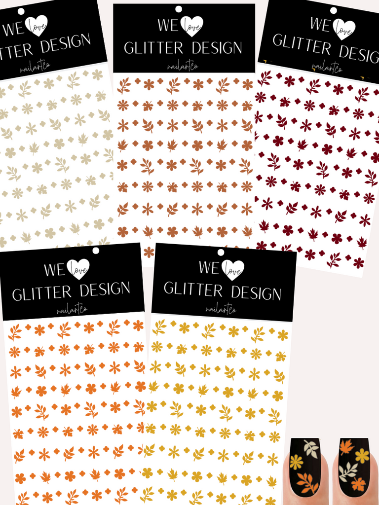 Bundle Deal | Flower & Leaf Mix Nail Decals | Beige, Nut Brown, Burgundy, Light Orange, Mustard