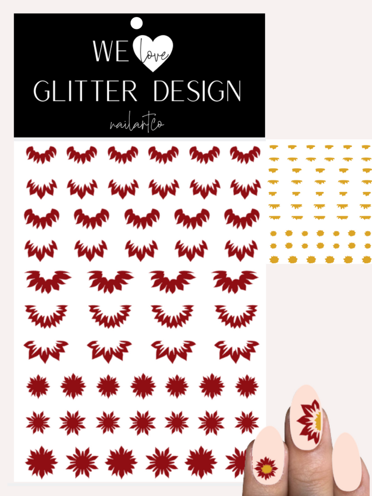 Sunflowers Cuticle-Sidewall-Flower Nail Decal | Dark Red (Mustard Center)