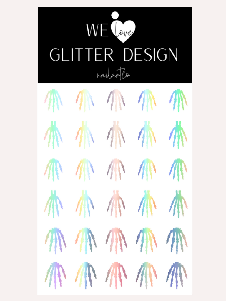 Skeleton Hand Short- Med Nail Decal | Holographic Rainbow // Silver