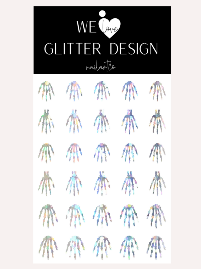Skeleton Hand Short- Med Nail Decal | Holographic Sparkle // Silver