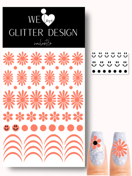 Happy Flower Nail Decal | Coral + Black Smiley Faces