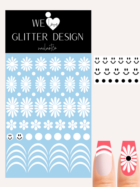Happy Flower Nail Decal | White + Black Smiley Faces