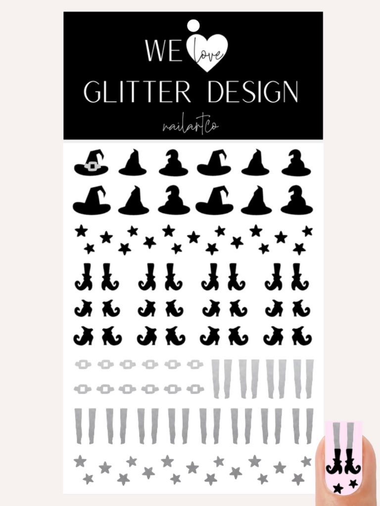 Witch Hat & Shoes Nail Decal | Silver Shimmer