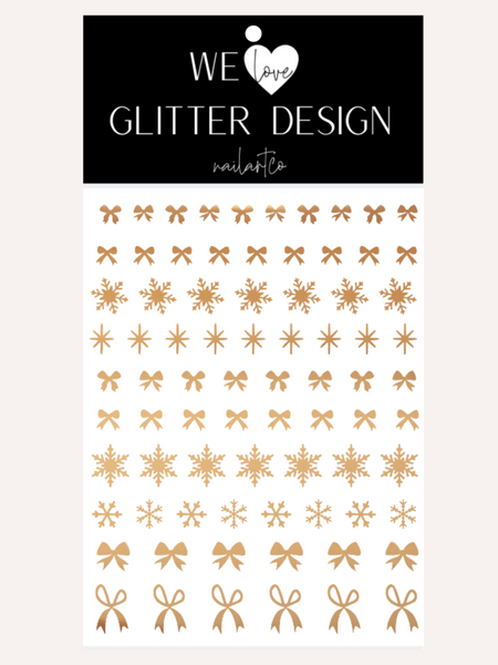 Mini Bows & Snowflakes Nail Decal | Chrome Light Gold
