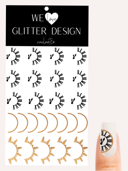 Clock New Year Nail Decal | Black/ Chrome Light Gold
