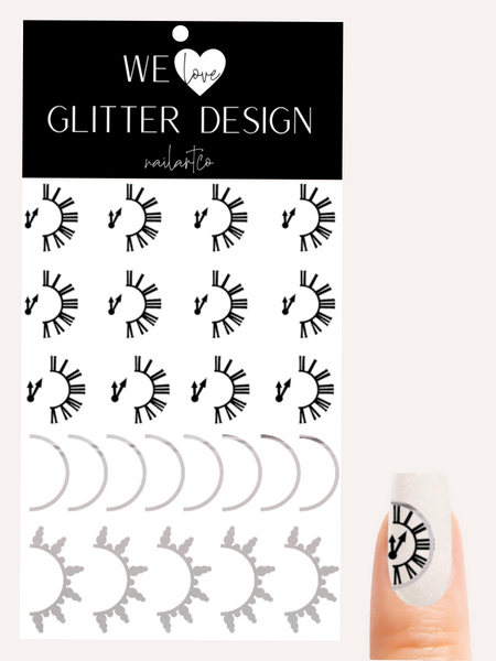 Clock New Year Nail Decal | Black/ Chrome Silver