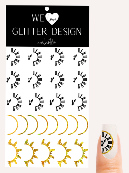 Clock New Year Nail Decal | Black/ Holo Sparkle Gold