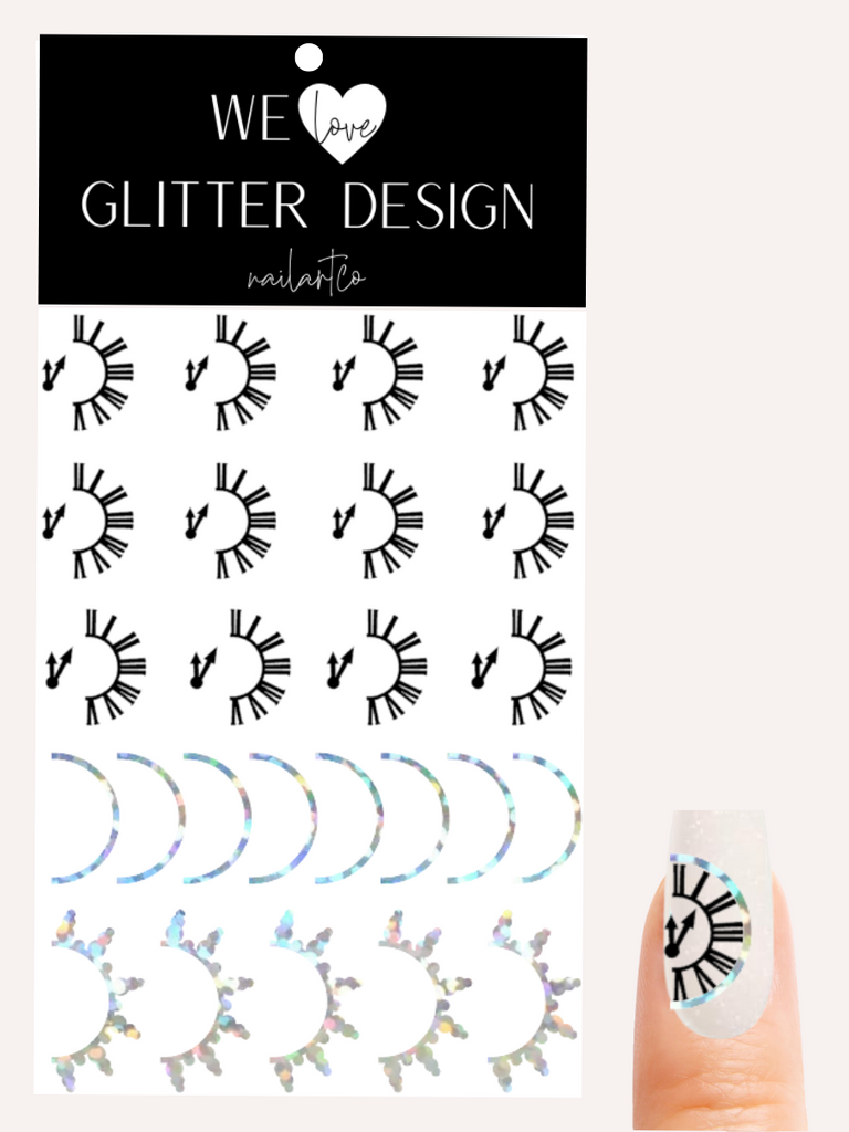 Clock New Year Nail Decal | Black/ Holo Sparkle Silver