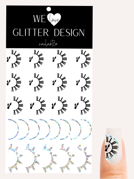 Clock New Year Nail Decal | Black/ Holo Sparkle Silver