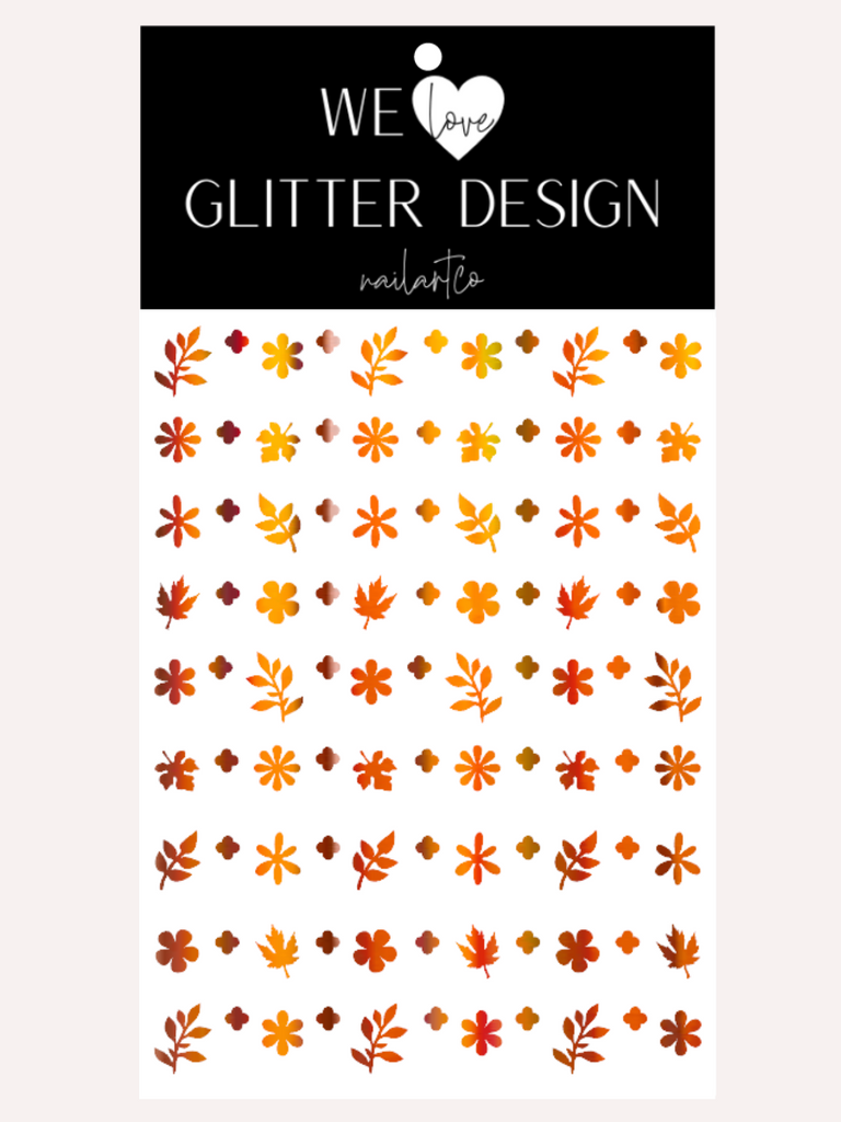 Flower & Leaf Mix Nail Decal | Holographic Rainbow // Pumpkin Orange