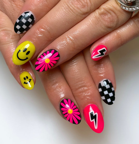 Happy Flower Nail Decal | Neon Pink + Black Smiley Faces