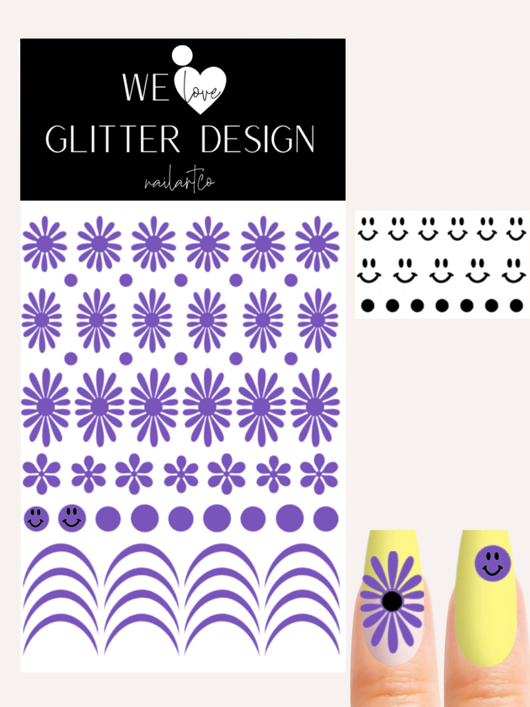 Happy Flower Nail Decal | Lavender + Black Smiley Faces