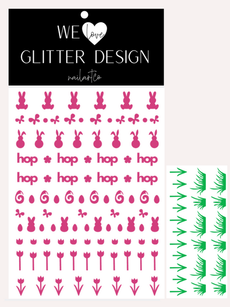 Hippity Hop Easter Nail Decal | Pink + (Choose Grass Color)