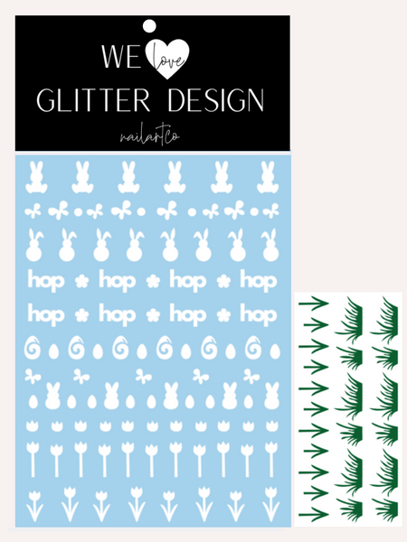 Hippity Hop Easter Nail Decal | White + (Choose Grass Color)