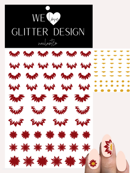 Sunflowers Cuticle-Sidewall-Flower Nail Decal | Dark Red (Mustard Center)