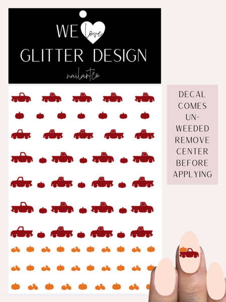 Vintage Truck W/ Pumpkins Nail Decal | Dark Red (Light Orange Pumpkins)