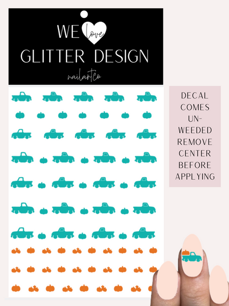 Vintage Truck W/ Pumpkins Nail Decal | Turquoise (Light Orange Pumpkins)