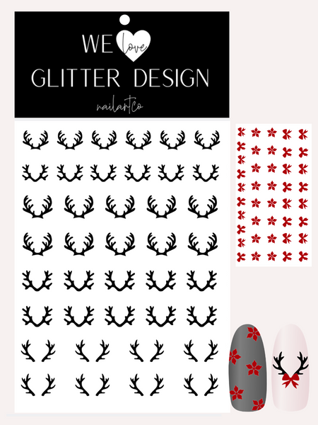 Deer Antlers W/ Bows & Poinsettia Nail Decal | Black