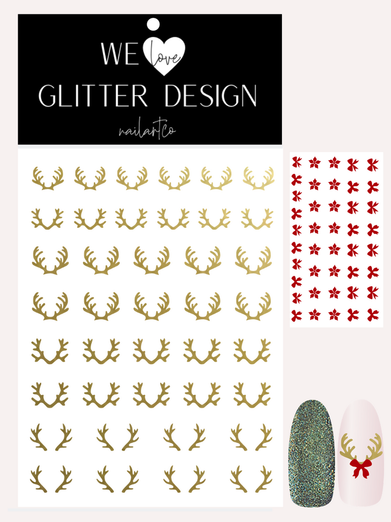 Deer Antlers W/ Bows & Poinsettia Nail Decal | Gold Shimmer