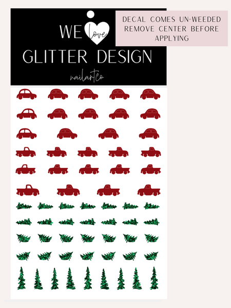 Trucks & Car Nail Decal | Dark Red & Sparkle Green