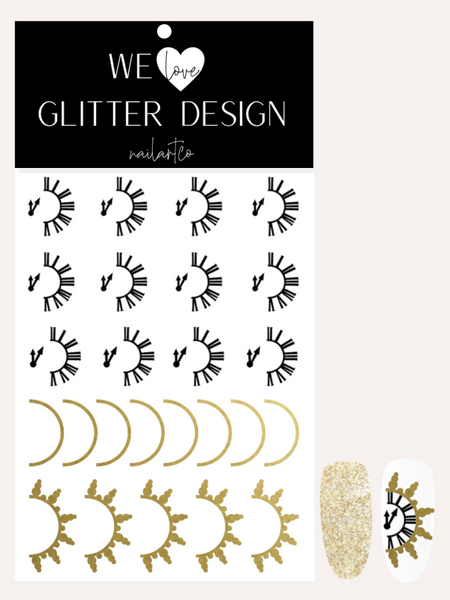 Clock New Year Nail Decal | Black/ Gold Shimmer