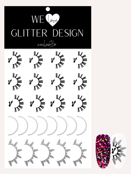 Clock New Year Nail Decal | Black/ Silver Shimmer