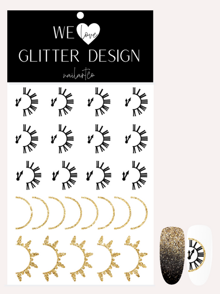 Clock New Year Nail Decal | Black/ Sparkle Gold