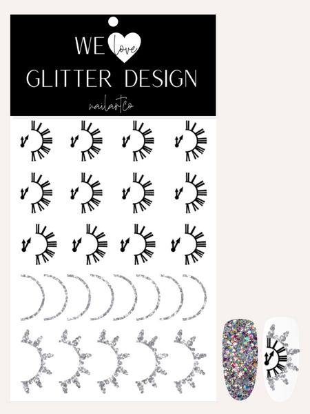 Clock New Year Nail Decal | Black/ Sparkle Silver