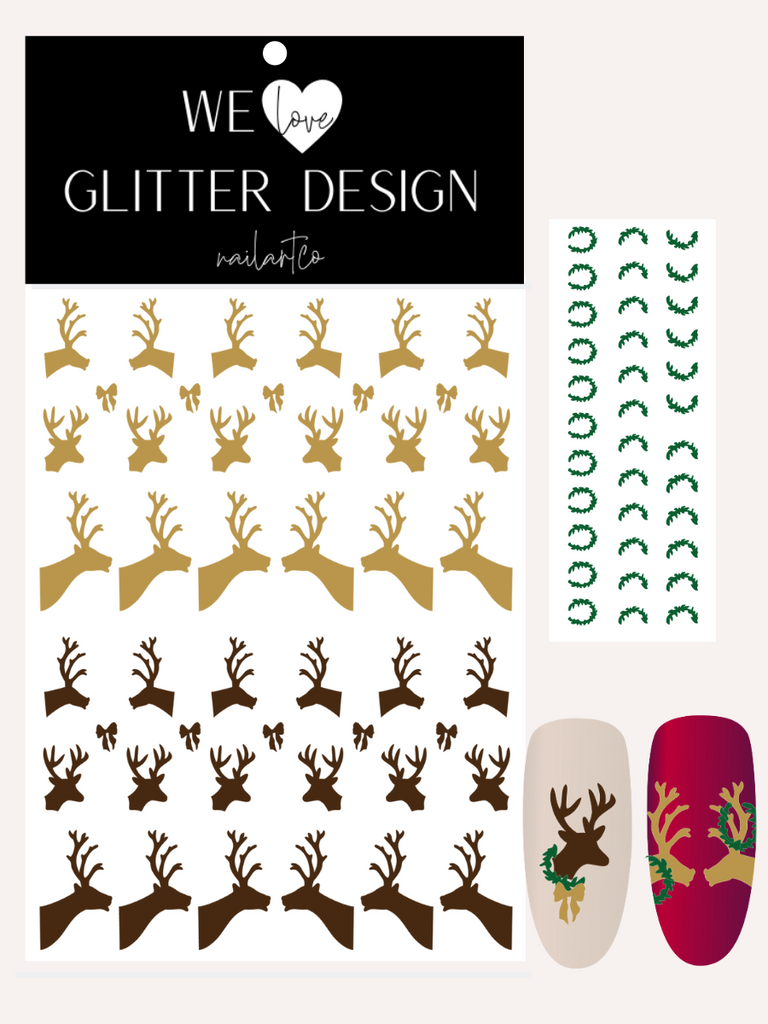 Deer Head Mount Nail Decal | Light Brown / Brown (Green Wreaths)