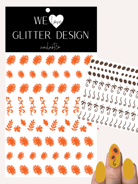 Glam Sunflower Nail Decal | Orange // Brown