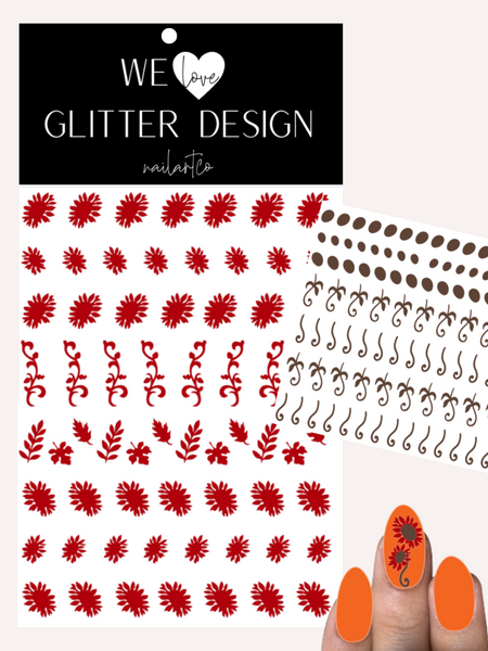 Glam Sunflower Nail Decal | Red // Brown