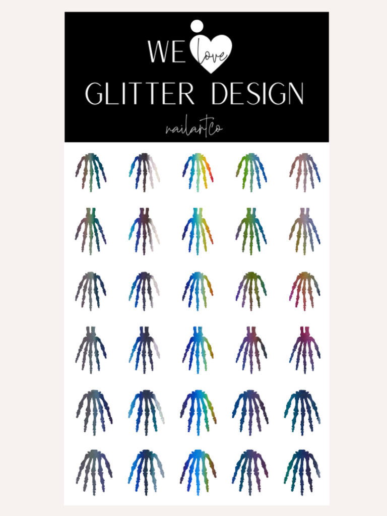 Skeleton Hand Short- Med Nail Decal | Holographic Rainbow // Dark Grey