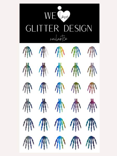 Skeleton Hand Short- Med Nail Decal | Holographic Rainbow // Dark Grey