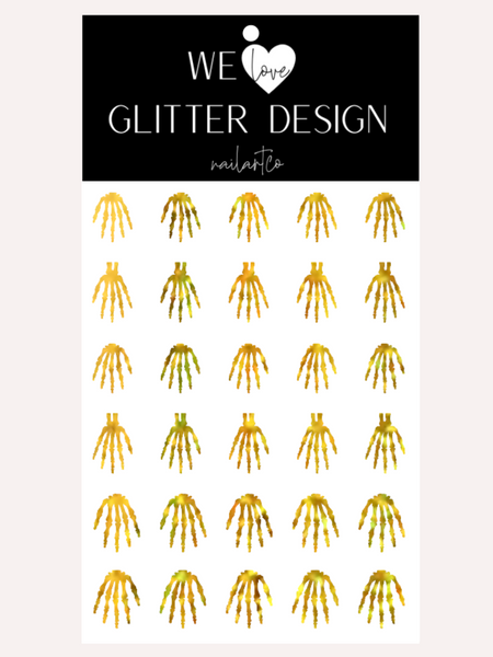 Skeleton Hand Short- Med Nail Decal | Holographic Sparkle // Gold