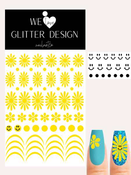 Happy Flower Nail Decal | Bright Yellow + Black Smiley Faces