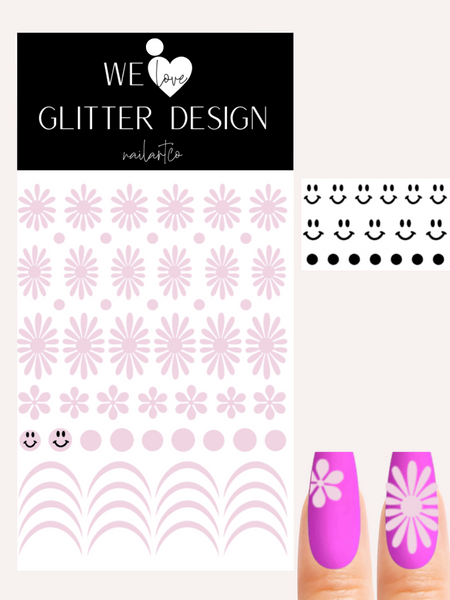 Happy Flower Nail Decal | Cherry Blossom Pink + Black Smiley Faces