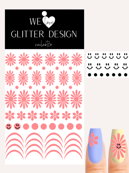 Happy Flower Nail Decal | Coral Reef + Black Smiley Faces