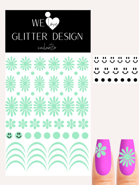 Happy Flower Nail Decal | Fresh Mint + Black Smiley Faces