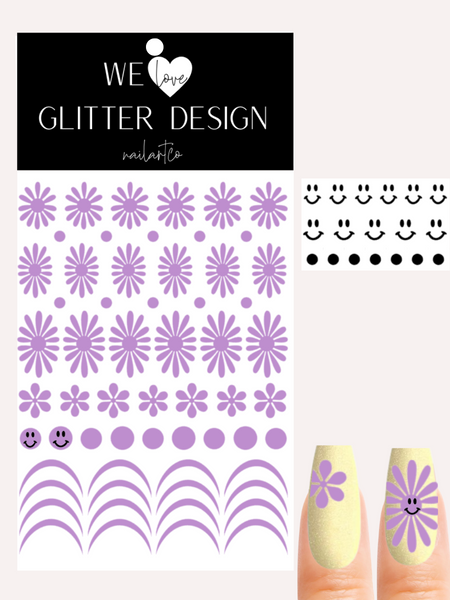 Happy Flower Nail Decal | Lilac + Black Smiley Faces