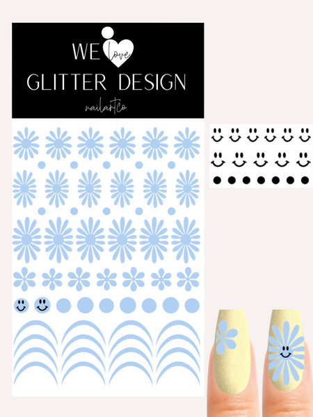 Happy Flower Nail Decal | Soft Blue + Black Smiley Faces