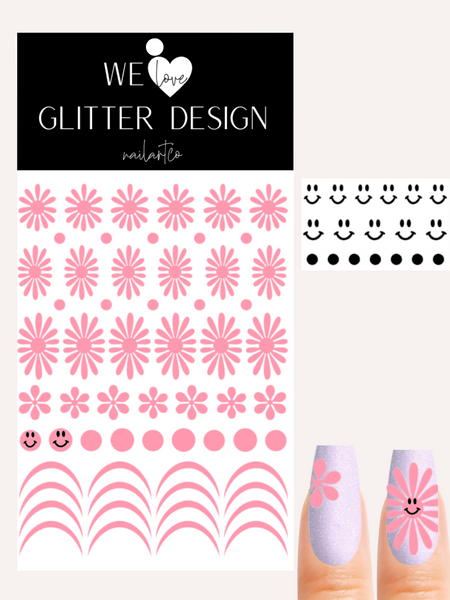 Happy Flower Nail Decal | Soft Pink + Black Smiley Faces