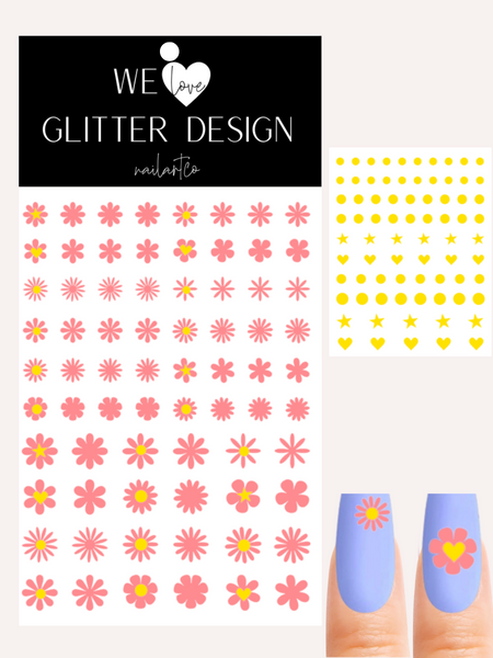 Hippie Chic Flower Nail Decal | Coral Reef + Yellow Centers