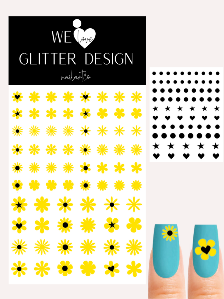 Hippie Chic Flower Nail Decal | Passion Yellow + Black Centers