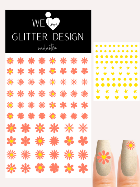 Hippie Chic Flower Nail Decal | Salmon + Yellow Centers