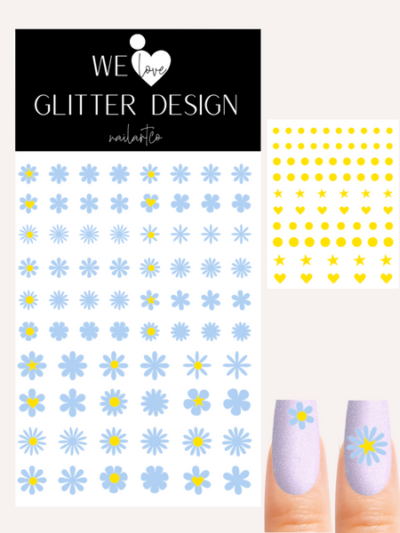 Hippie Chic Flower Nail Decal | Soft Blue + Yellow Centers