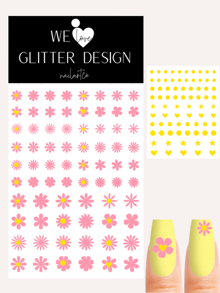 Hippie Chic Flower Nail Decal | Sweet Pink + Yellow Centers