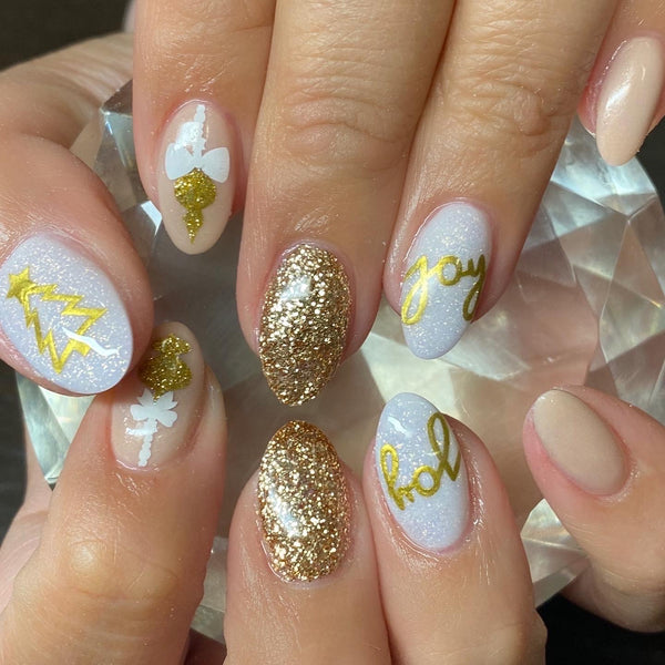 Elegant Ornament Nail Decal | Sparkle Gold (White Bow & String)