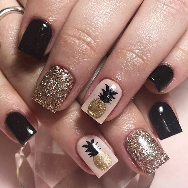 Pineapple 2 Tone Nail Decal | Black Top & Sparkle Gold Bottom