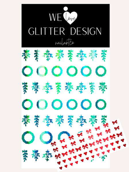 Mistletoe & Wreath Nail Decal | Holographic Rainbow // Green