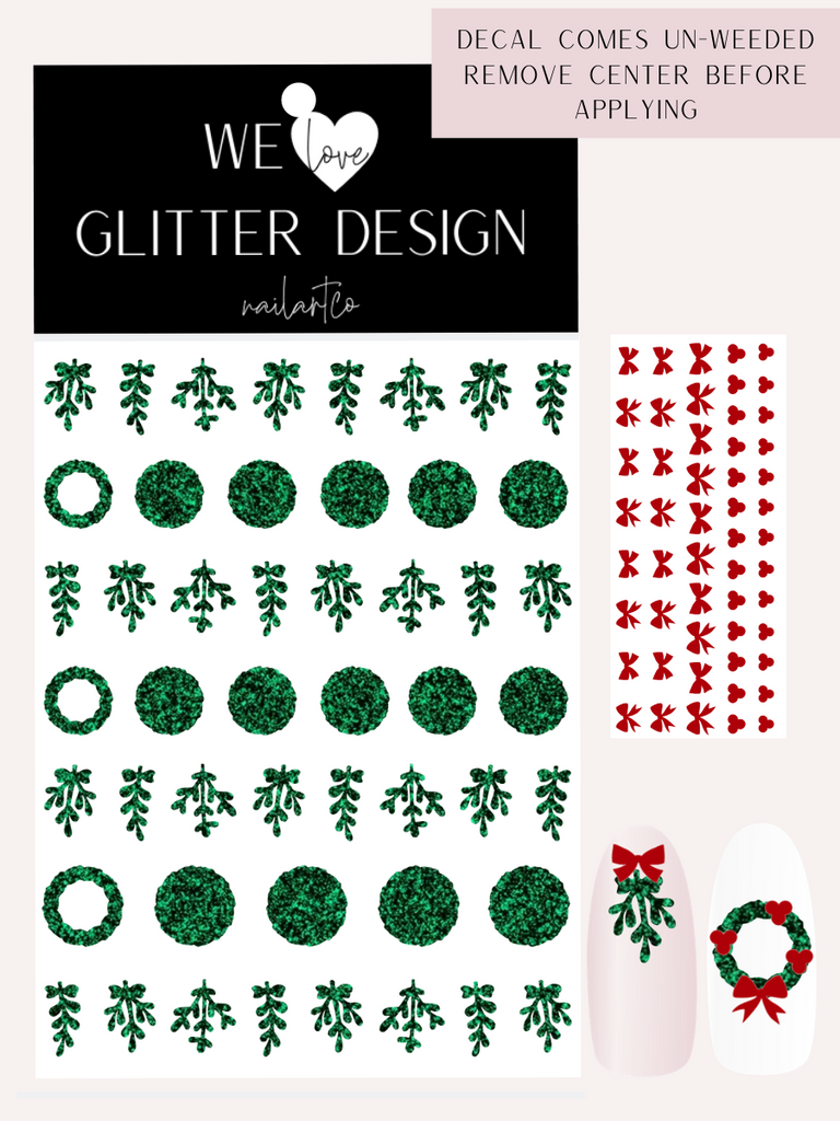 Mistletoe & Wreath Nail Decal | Sparkle Green